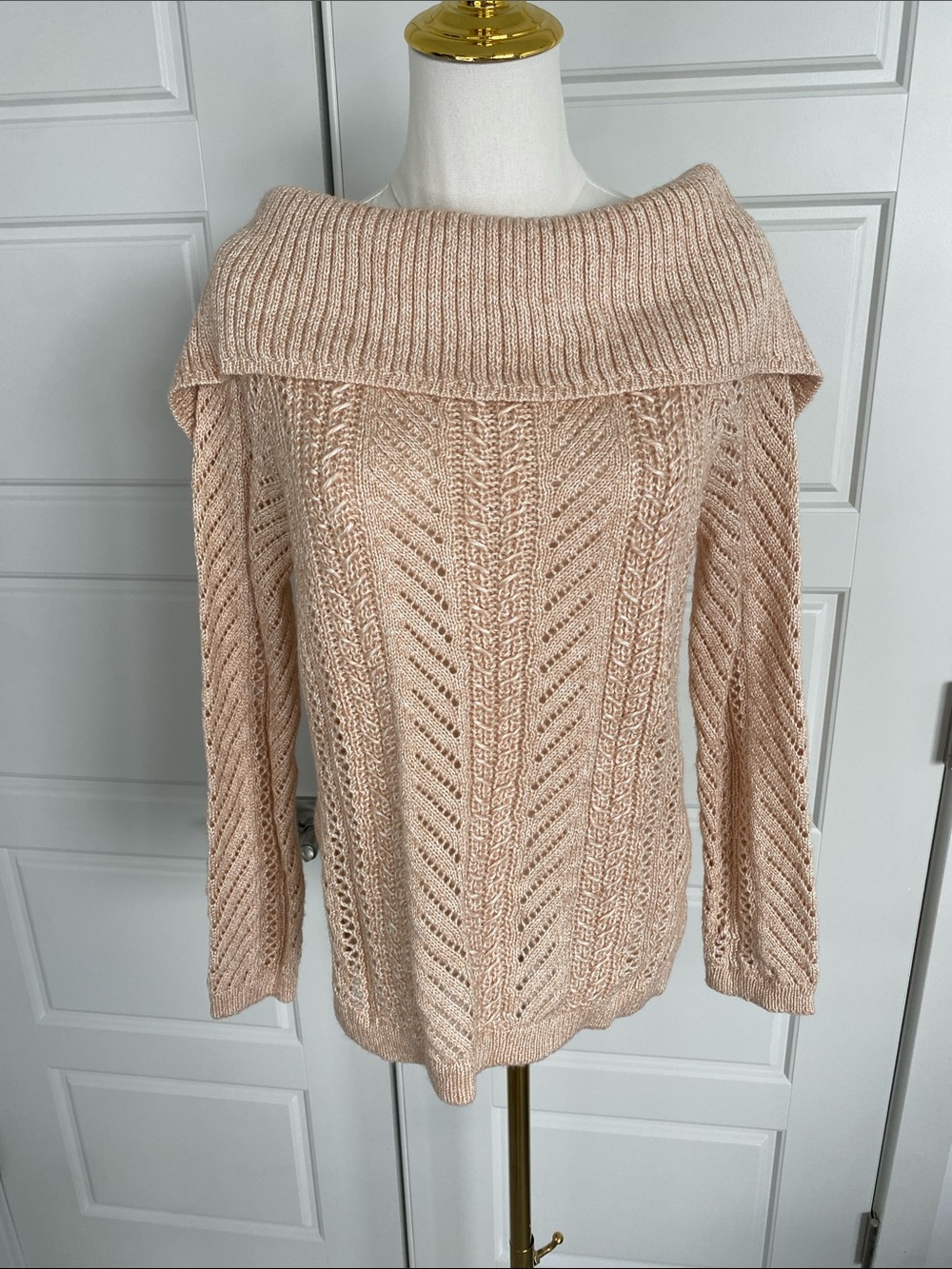 White House Black Market Blush Metallic Pointelle Bow Back Sweater M